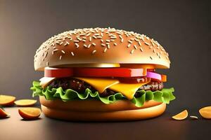 ai generado un hamburguesa con queso y carne en un negro antecedentes foto