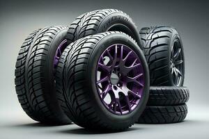 AI generated car wheels on gray background with shadow and light. ai generated photo