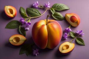 AI generated Fresh ripe apricots with leaves and flowers on a purple background. ai generated photo