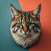 AI generated Siberian cat with green eyes on blue and orange background. generative ai photo