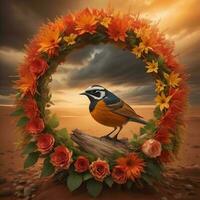 AI generated Titmouse in a wreath of flowers on a background of sunset. generative ai photo