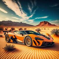 AI generated Futuristic sport car in the desert. generative ai photo
