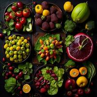 ai generado Fresco frutas y vegetales en negro antecedentes. sano comida concepto. parte superior vista. generativo ai foto