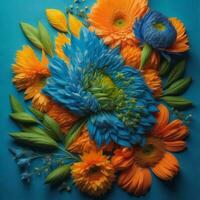 AI generated Colorful bouquet of gerbera flowers on blue background. ai generated photo