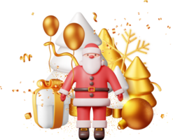 3D Santa Claus and Gold Christmas Tree png