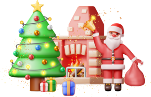 3D Red Brick New Year Fireplace and Santa Claus. png