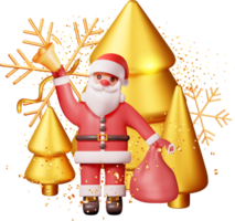 3D Santa Claus with Bell and Gold Christmas Tree png