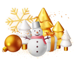 3D Snowman with GIft Boxes and Gold Christmas Tree png