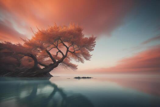 AI generated Beautiful seascape with a tree in the foreground at sunset. generative ai photo