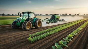 ai generado tractor pulverización pesticidas en haba de soja campo con rociador a primavera. generativo ai foto