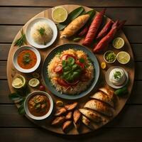 AI generated Indian cuisine. Assorted Indian dishes on wooden background, top view. generative ai photo