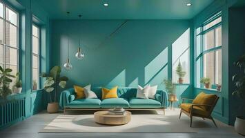AI generated Interior of modern living room with blue walls, concrete floor, green sofa and coffee table. generative ai photo