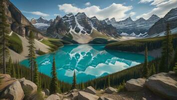 AI generated Panorama of Moraine Lake in Banff National Park, generative ai photo