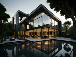AI generated modern cozy house with pool and parking for sale or rent in luxurious style and beautiful landscaping on background.  generative ai photo