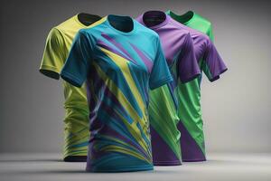 AI generated Colorful t-shirts in front of dark background. ai generative photo