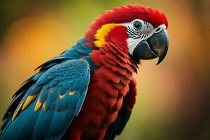 ai generado hermosa escarlata guacamayo, ara macao en naturaleza. generativo ai foto