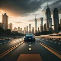 ai generado coche en el la carretera con ciudad antecedentes. generativo ai foto