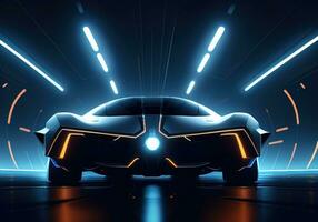 AI generated Futuristic black sports car in neon light. ai generative photo