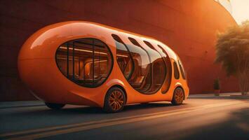 AI generated Orange bus on the city street.  Modern transportation concept. generative ai photo