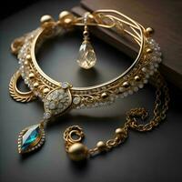 AI generated Jewelry, bracelets and rings on a black background. generative ai photo
