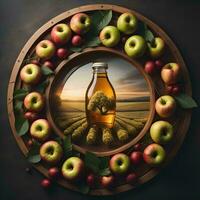 AI generated Bottle of apple juice and fresh apples on a dark background. generative ai photo