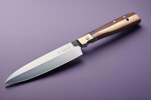 AI generated Knife with wooden handle on a purple background. Close-up. generative ai photo