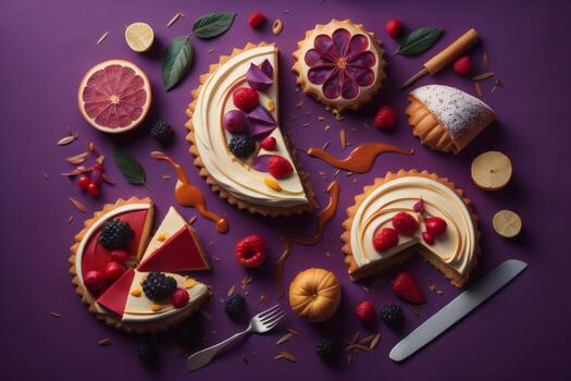 AI generated Homemade cakes with berries and fruits on a purple background, top view. generative ai photo