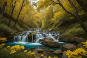 AI generated Beautiful waterfall in the forest with yellow flowers in the autumn season. generative ai photo