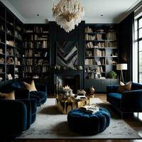 AI generated Interior of modern living room with black walls, carpet on the floor, comfortable blue armchairs and bookcase with books. generative ai photo