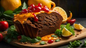 ai generado chocolate bundt pastel con naranja mermelada en de madera antecedentes. generativo ai foto