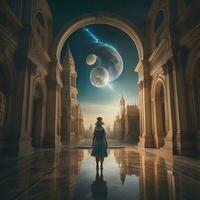 AI generated Woman walking in front of the church and the moon. ai generated photo