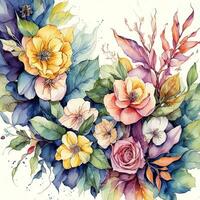 AI generated Hand drawn watercolor illustration of a bouquet of colorful flowers. generative ai photo