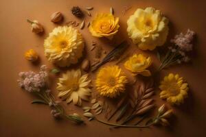 AI generated Flower composition on brown background. Flat lay, top view. ai generated photo