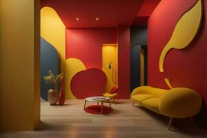 ai generado interior de moderno vivo habitación con rojo y amarillo paredes, de madera piso. ai generado foto