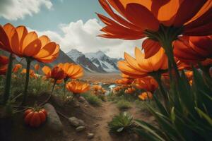 AI generated Beautiful flowers in the desert. Landscape with mountains and flowers. generative ai photo