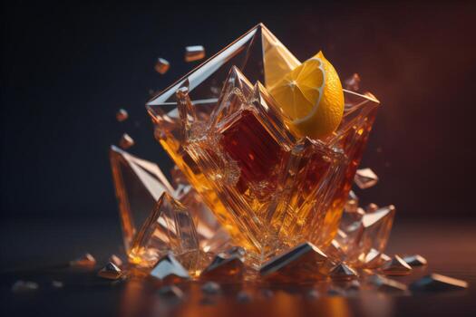 AI generated Cocktail with ice cubes and lemon on a dark background. ai generated photo