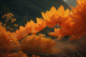 AI generated Beautiful orange flowers on a background of the forest and mountains. generative ai photo