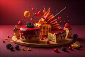 AI generated Birthday cake with fruits and berries on red background. Toned. generative ai photo