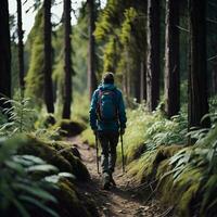 AI generated Man hiking in the forest. Hiking in the forest with a backpack. generative ai photo