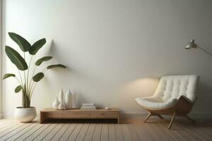 AI generated Interior of living room with white walls, wooden floor, comfortable armchair and plant. ai generated photo