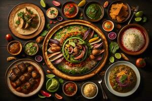 AI generated Indian food on wooden table. Top view of Indian food with assorted dishes. generative ai photo