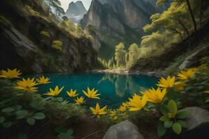 AI generated Mountain lake with yellow flowers in the mist. generative ai photo