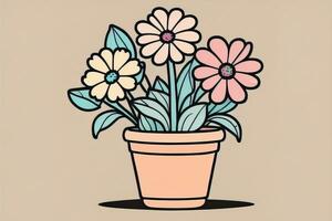 AI generated Illustration of a flowerpot with pink and blue flowers on a gray background. ai generative photo