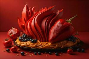 AI generated Strawberry, blueberry, cherry, tomato and spaghetti on red background. generative ai photo