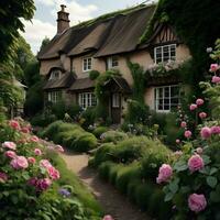 ai generado Inglés cabaña en el jardín con rosado rosas y verde plantas. Clásico estilo. generativo ai foto