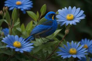 AI generated A beautiful blue bird on a blue daisy flower in the garden. generative ai photo