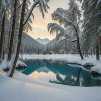 AI generated Beautiful winter landscape with snow covered trees and lake in the mountains. generative ai photo