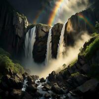 AI generated Waterfall in the rainforest with rainbow in the sky, long exposure. generative ai photo