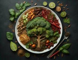 ai generado vegetales y hierbas en un lámina. sano comida concepto. generativo ai foto