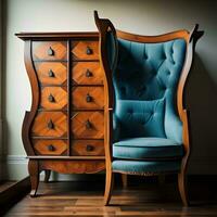 AI generated Vintage armchair and chest of drawers. generative ai photo